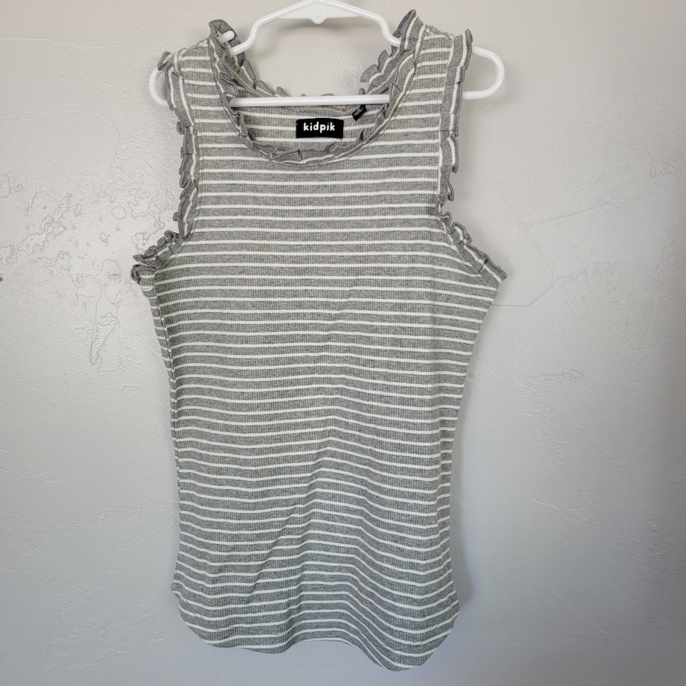 Kidpik NWT Grey & White Striped Tank Top Racerback Ruffle Trim Girls Medium 10